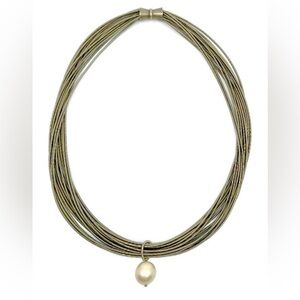 Beautiful bronze, piano wire necklace with mother of pearl drop